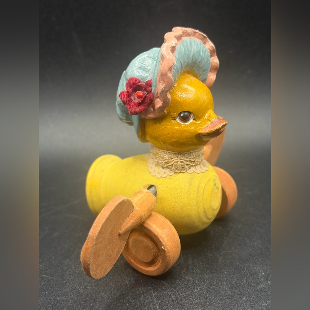Vintage Hand Painted Wooden Duckling Toy, Wheeled Articulated Duck in Bonnet